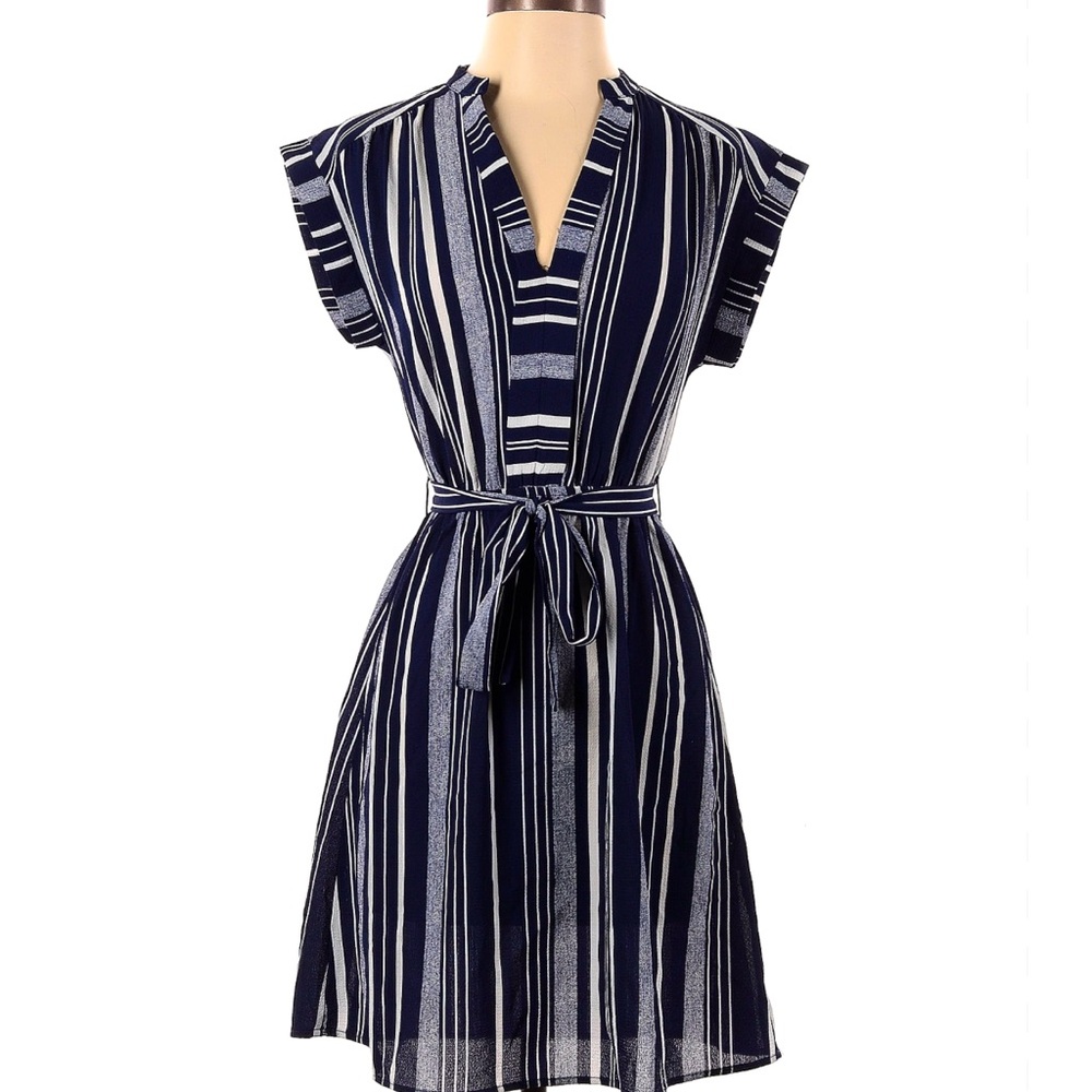 Monteau Navy and White Striped Belted Dress Midi Size Small Boho Vintage Style